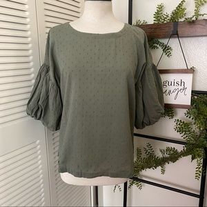 Ann Taylor LOFT|M|Sage Green Ballon 3/4 Sleeve Scoop Neck 100% Cotton Blouse